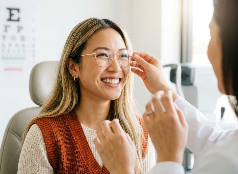 Female patient trying her new eyeglasses with an optometrist